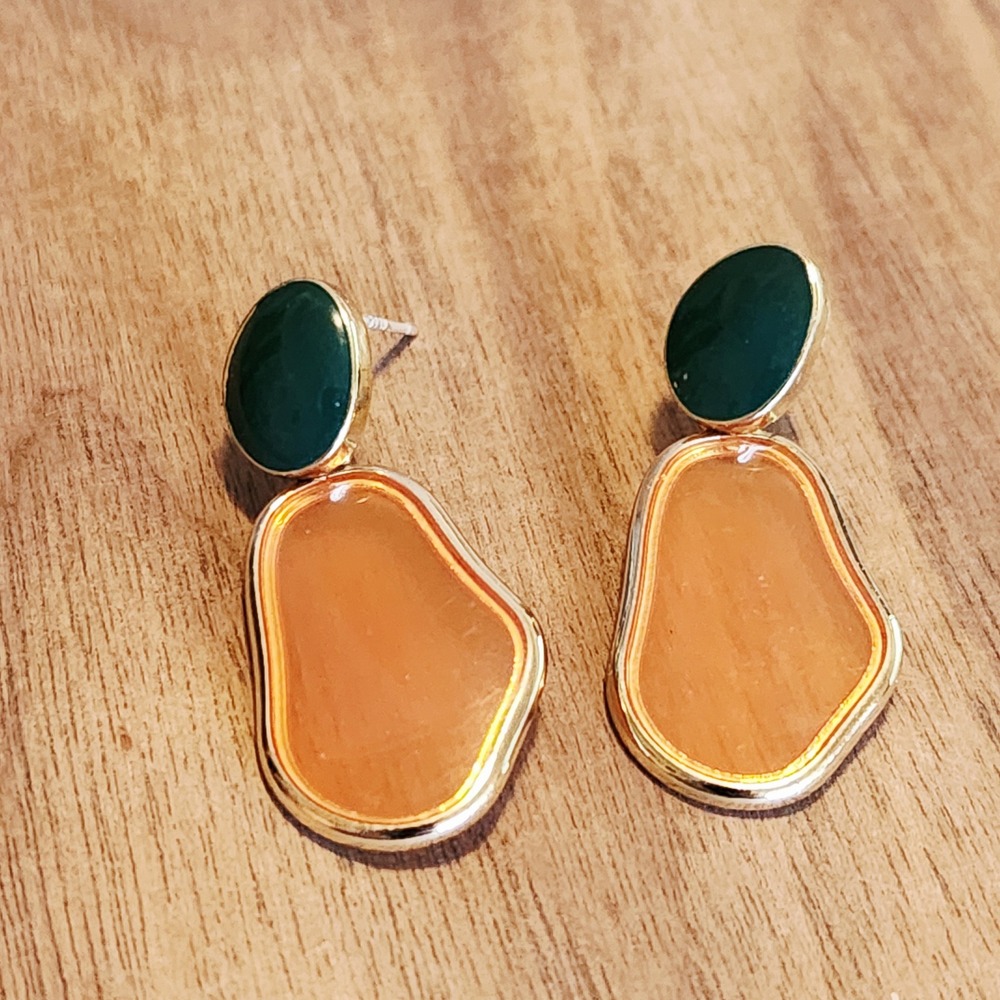 Green and Orange Organic Pebble Drop Earrings Gold Tone Modern Boho Dangles